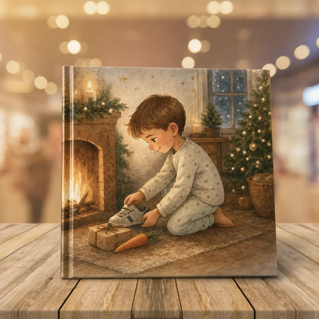 Sinterklaascadeau: warme aquarel-illustratie van een kind bij de open haard