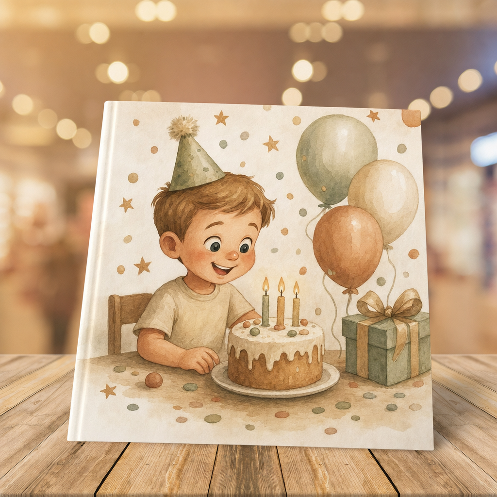 Verjaardagsboek: vrolijke aquarel-illustratie van een jarig kind met ballonnen