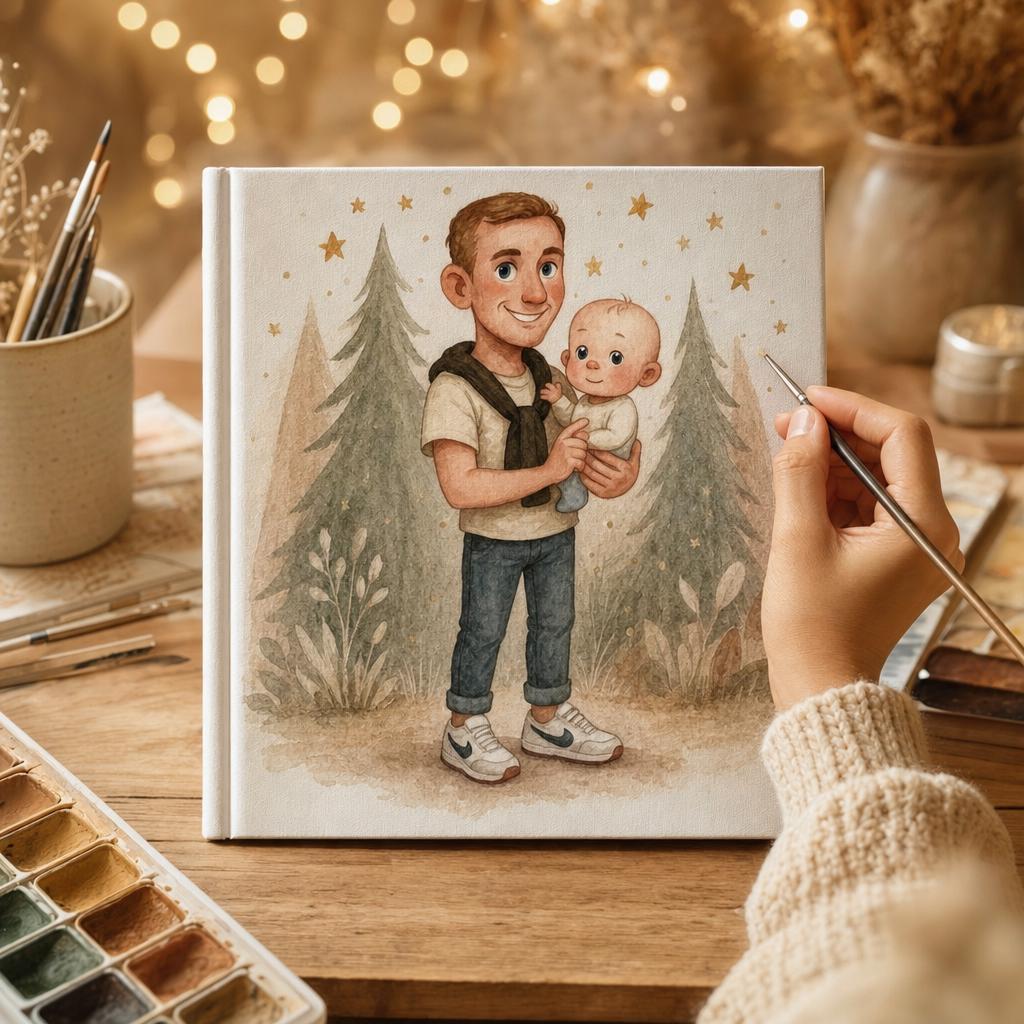 Waarom DroomDruk: aquarel-illustratie van een hand die een prentenboek beschildert